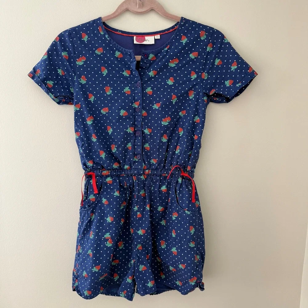 Boden Girls Navy Blue Strawberry Polka Dot Cotton‎ Romper Jumpsuit 11-12Y 152cm